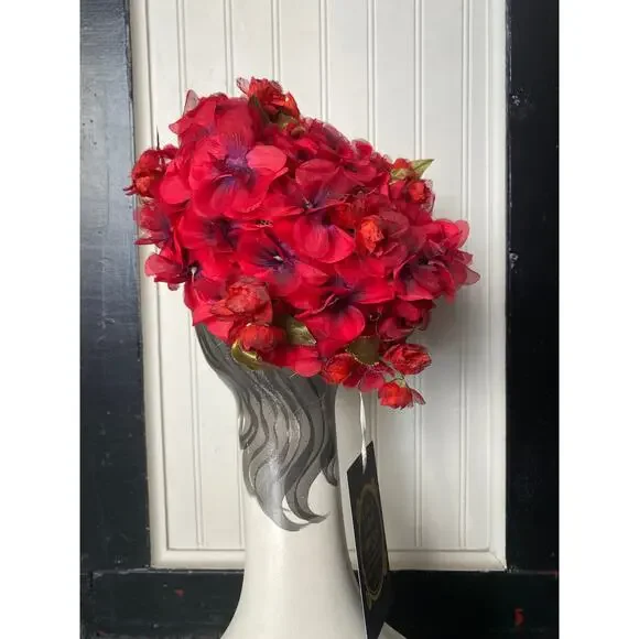 vintage 1950s red flower hat pillbox 50s fashion easter 3-D millinery rockabilly - Picture 5 of 6